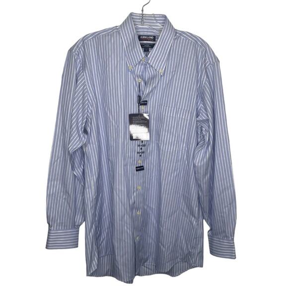 Kirkland Mens Shirt Size Medium Blue Striped Traditional Fit Non-Iron Button Up - Picture 1 of 14